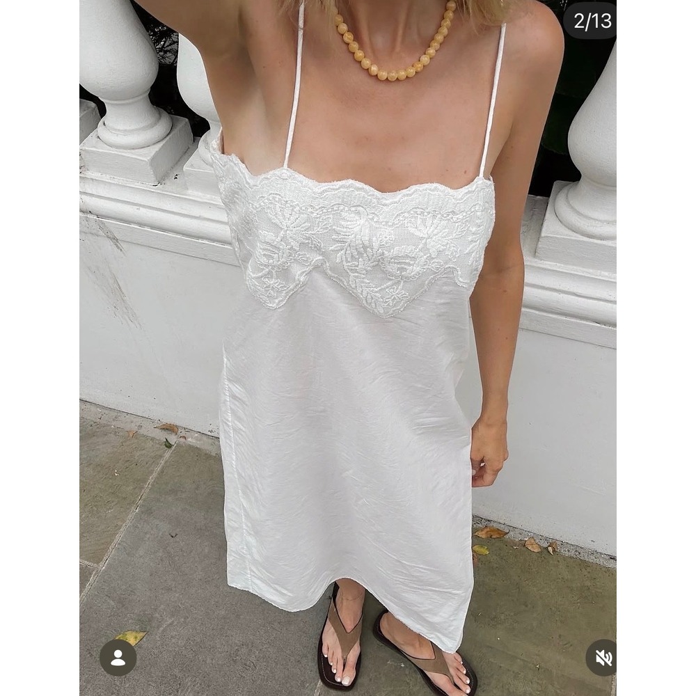 Zara Linen Midi Dress medium White New Embroidered Scallop Spaghetti Strap - Picture 16 of 16